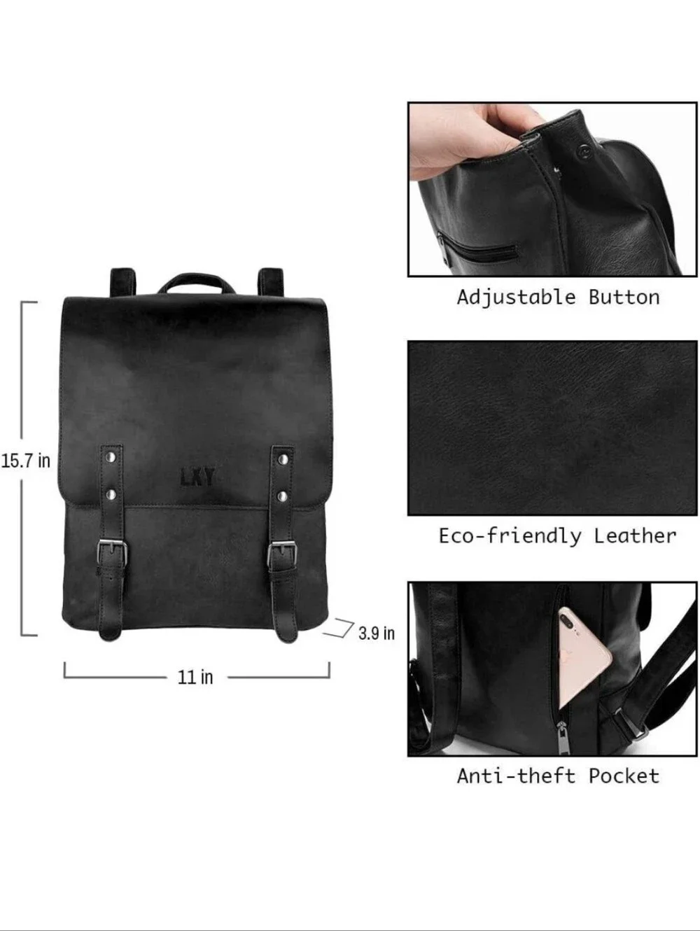 LXY Vegan Leather Vintage Laptop Backpack in black